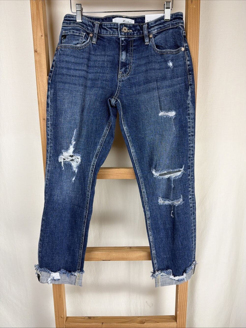 NWT Kancan Black Distressed Midrise Slim Boyfriend Cuffed Jeans 30 #0792